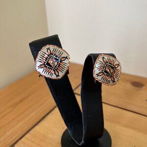 Southwestern Etched Copper Stud Earrings Rounded Square 1.75" Western Cowgirl